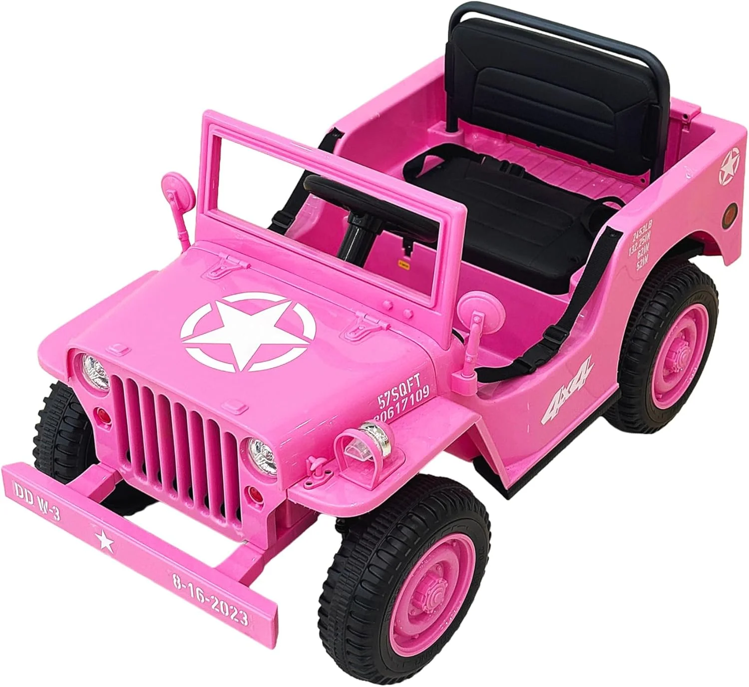 ماشین سواری کودکانه برقی مدل نظامی 4x4، صورتی، با طرح ستاره و صندلی مشکی، 10 سرعته، مناسب 3 تا 6 سال