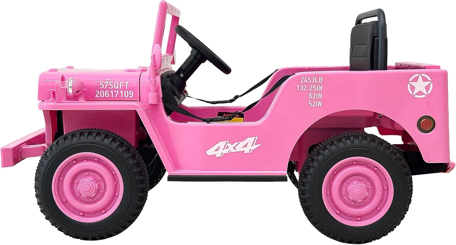 ماشین سواری کودکانه برقی مدل نظامی 4x4، صورتی، با طرح ستاره و صندلی مشکی، 10 سرعته، مناسب 3 تا 6 سال ماشین سواری کودکانه برقی مدل نظامی 4x4، صورتی، با طرح ستاره و صندلی مشکی، 10 سرعته، مناسب 3 تا 6 سال