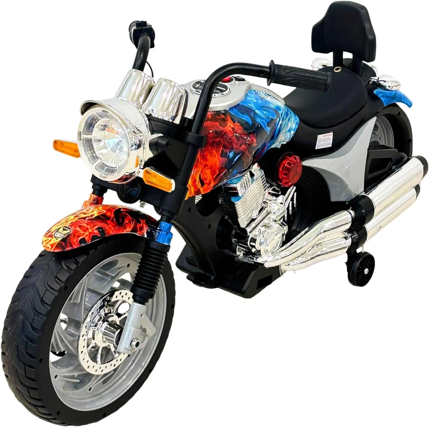 موتورسیکلت برقی کودکانه وی‌ال‌آرای مدل آتش و یخ، مشکی و نقره‌ای، به همراه چرخ‌های کمکی، چراغ‌های جلو و تزیینات کرومی مناسب 3 تا 6 سال