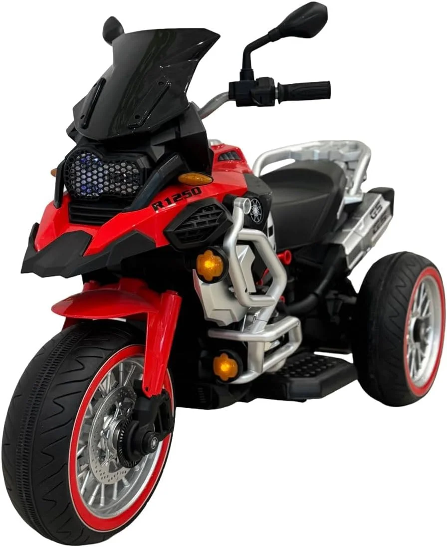 موتورسیکلت برقی کودکانه VLRA، اسباب بازی سواری به سبک مسابقه ای اسپرت قرمز و مشکی با چراغ های LED، طراحی 3 چرخ مناسب 4 تا 8 سال