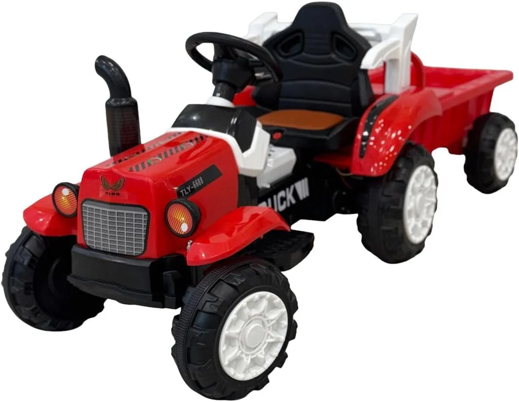 تراکتور سواری کودکانه برقی VLRA، قرمز و مشکی، با باتری، دارای فرمان و چرخ های بزرگ، 2-4 سال