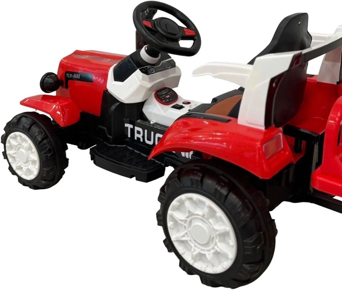 تراکتور سواری کودکانه برقی VLRA، قرمز و مشکی، با باتری، دارای فرمان و چرخ های بزرگ، 2-4 سال تراکتور سواری کودکانه برقی VLRA، قرمز و مشکی، با باتری، دارای فرمان و چرخ های بزرگ، 2-4 سال