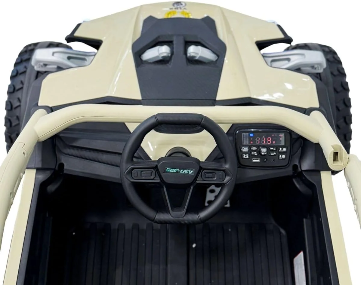 موتور چهارچرخ کودکانه وی‌ال‌آرای برقی، رنگ کرم و مشکی، با چراغ‌های ال‌ای‌دی، داشبورد دیجیتال، طراحی مسابقه‌ای، چرخ‌های بزرگ مناسب تمام سطوح، کنترل از راه دور مناسب ۴ تا ۸ سال
