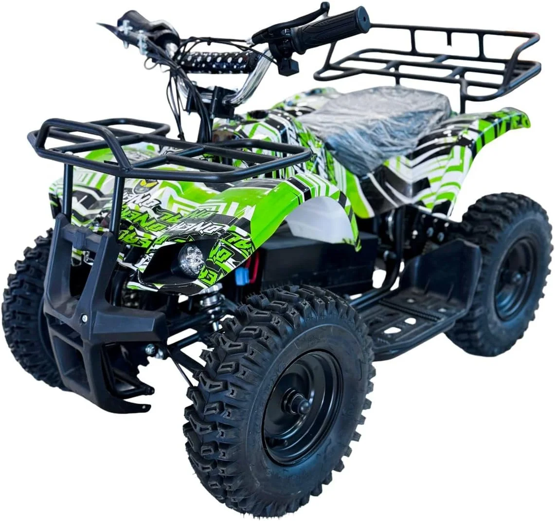 موتور چهار چرخ کودکانه برقی وی‌ال‌آرای، طرح گرافیکی سبز و مشکی، 4 چرخ، دارای باربند جلو و عقب، مناسب برای 6 تا 12 سال