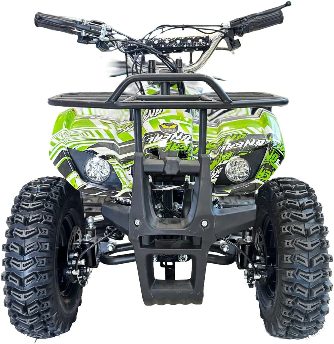 موتور چهار چرخ کودکانه برقی وی‌ال‌آرای، طرح گرافیکی سبز و مشکی، 4 چرخ، دارای باربند جلو و عقب، مناسب برای 6 تا 12 سال