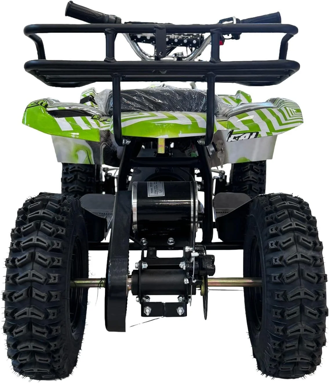 موتور چهار چرخ کودکانه برقی وی‌ال‌آرای، طرح گرافیکی سبز و مشکی، 4 چرخ، دارای باربند جلو و عقب، مناسب برای 6 تا 12 سال