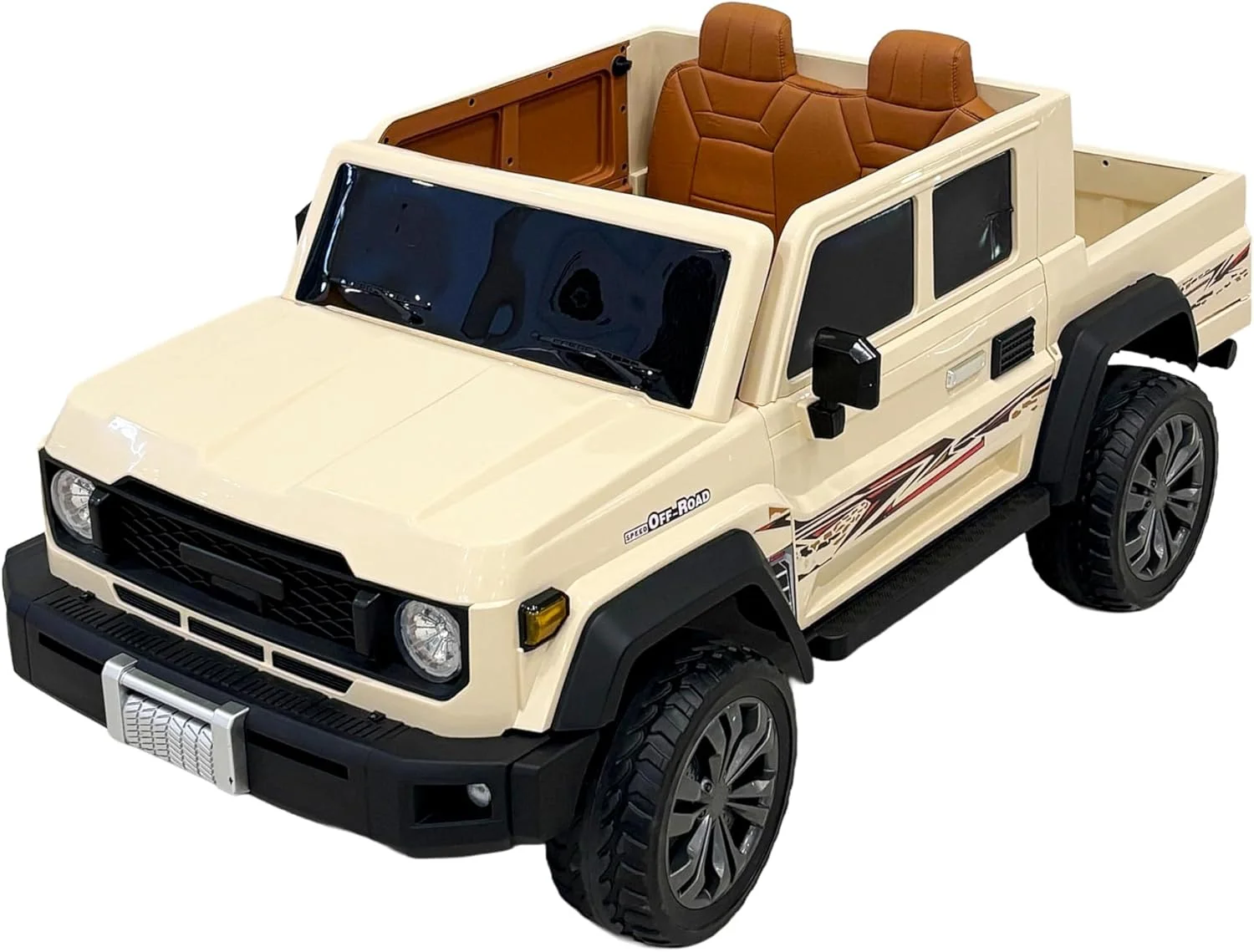 ماشین سواری کودکانه وی‌ال‌آرای الکتریکی، شاسی‌بلند سفید کرمی با فضای داخلی قهوه‌ای، داشبورد دیجیتال، کنترل از راه دور، وسیله نقلیه سبک آفرود برای کودکان