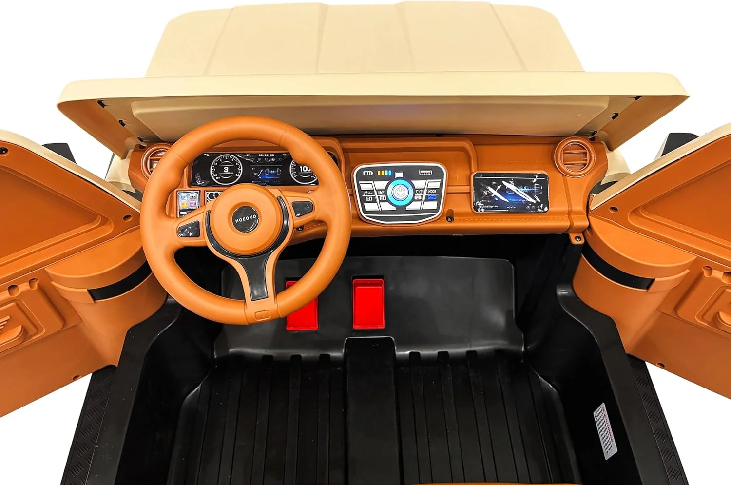 ماشین سواری کودکانه وی‌ال‌آرای الکتریکی، شاسی‌بلند سفید کرمی با فضای داخلی قهوه‌ای، داشبورد دیجیتال، کنترل از راه دور، وسیله نقلیه سبک آفرود برای کودکان