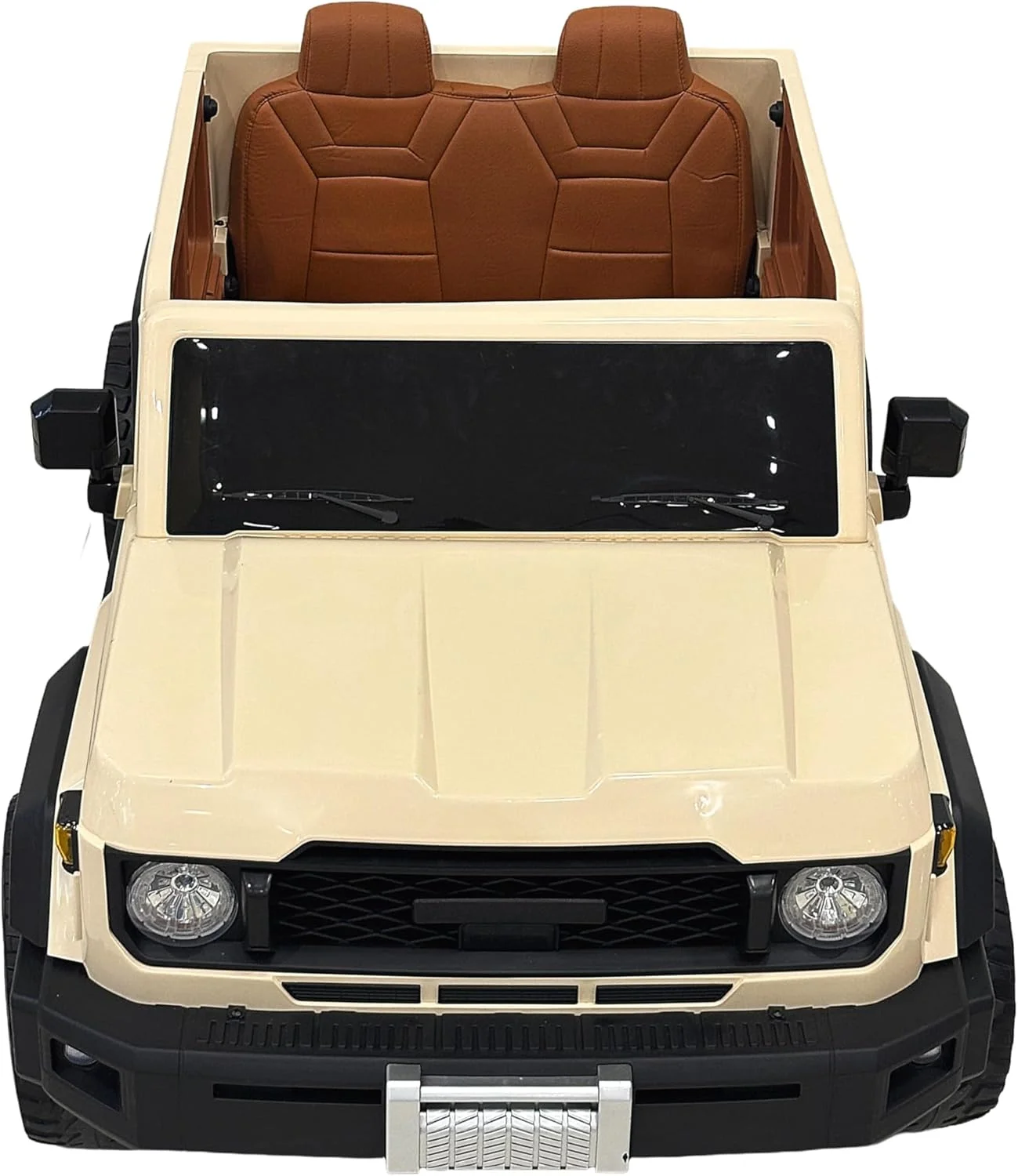 ماشین سواری کودکانه وی‌ال‌آرای الکتریکی، شاسی‌بلند سفید کرمی با فضای داخلی قهوه‌ای، داشبورد دیجیتال، کنترل از راه دور، وسیله نقلیه سبک آفرود برای کودکان