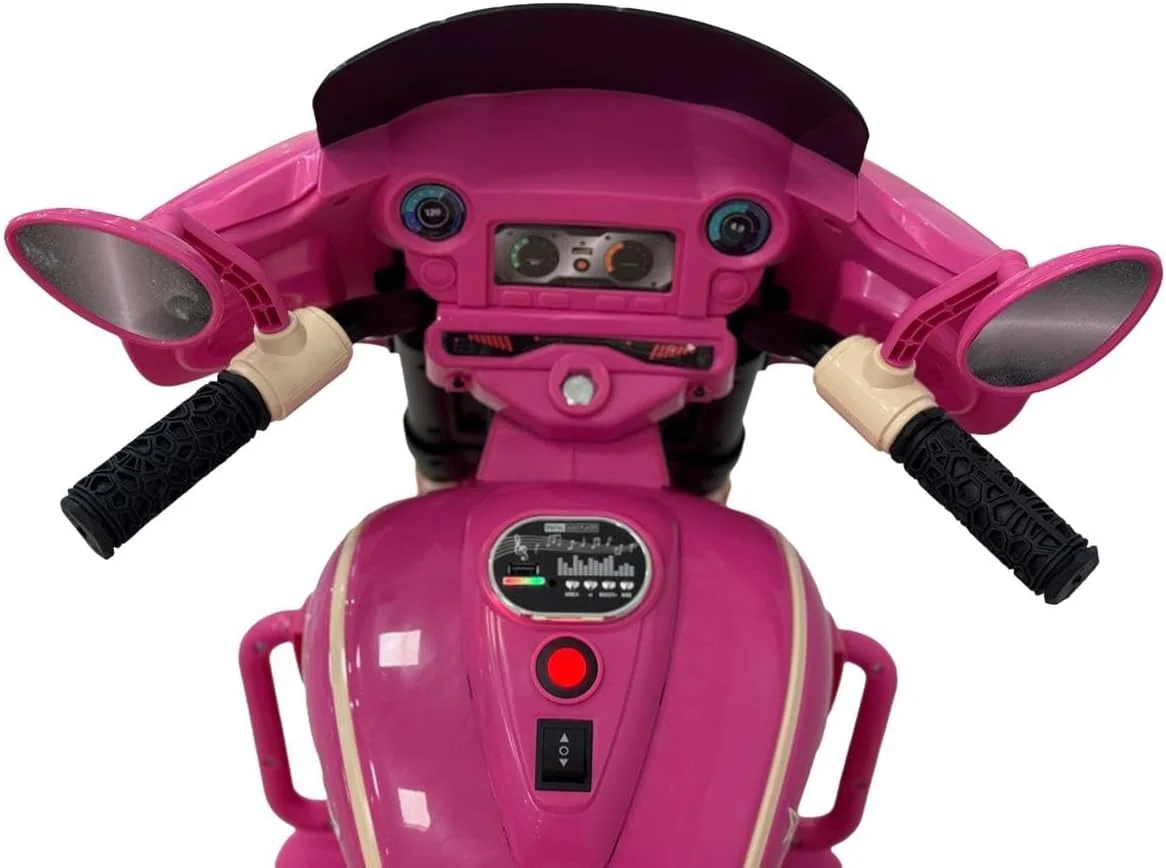 موتور سیکلت برقی کودکانه وی‌ال‌آرای، صورتی، با باتری، دارای چراغ‌های ال‌ای‌دی، پخش‌کننده موسیقی، محفظه ذخیره‌سازی، طراحی 3 چرخ