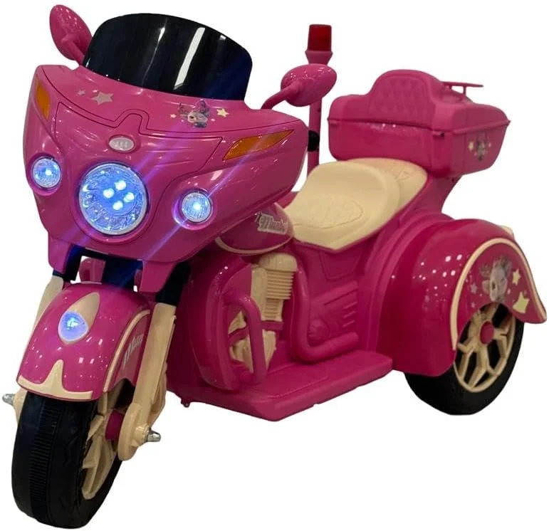 موتور سیکلت برقی کودکانه وی‌ال‌آرای، صورتی، با باتری، دارای چراغ‌های ال‌ای‌دی، پخش‌کننده موسیقی، محفظه ذخیره‌سازی، طراحی 3 چرخ