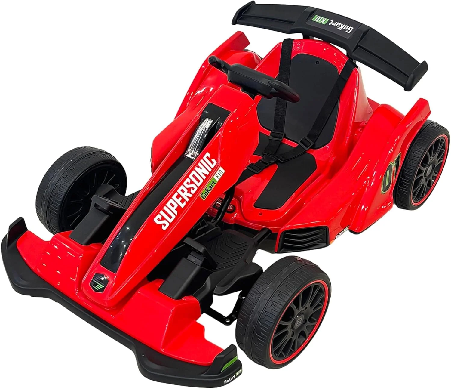 ماشین مسابقه ای کودکانه وی ال آر ای، مشکی و نقره ای، ماشین سواری فرمول یک با اسپویلر، کمربند ایمنی، چراغ های ال ای دی، طراحی کابین مسابقه ای 4-9 سال (قرمز)