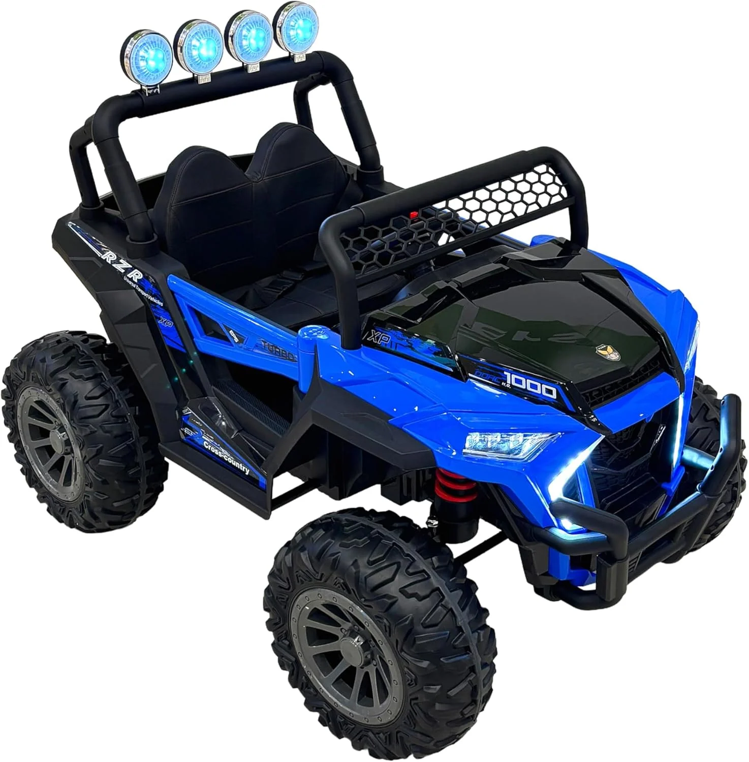 ماشین یوتی‌وی برقی کودکانه وی‌ال‌آرای با چراغ‌های ال‌ای‌دی، آبی و مشکی، چهار چرخ محرک، لاستیک‌های بزرگ مناسب تمام سطوح، محافظ و دو صندلی