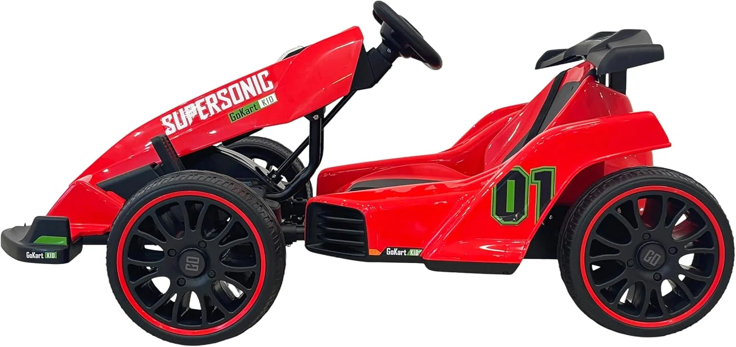 ماشین مسابقه ای کودکانه وی ال آر ای، مشکی و نقره ای، ماشین سواری فرمول یک با اسپویلر، کمربند ایمنی، چراغ های ال ای دی، طراحی کابین مسابقه ای 4-9 سال (قرمز)