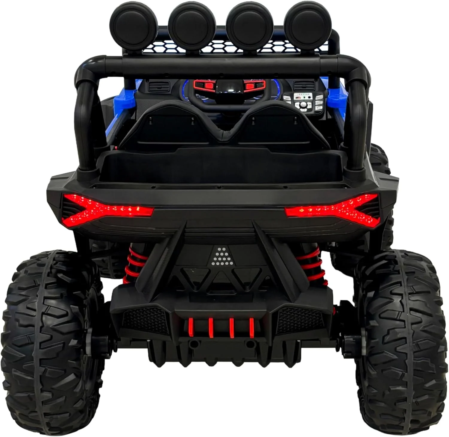 ماشین یوتیوی برقی کودکانه ویالآرای با چراغهای الایدی، آبی و مشکی، چهار چرخ محرک، لاستیکهای بزرگ مناسب تمام سطوح، محافظ و دو صندلی ماشین یوتیوی برقی کودکانه ویالآرای با چراغهای الایدی، آبی و مشکی، چهار چرخ محرک، لاستیکهای بزرگ مناسب تمام سطوح، محافظ و دو صندلی