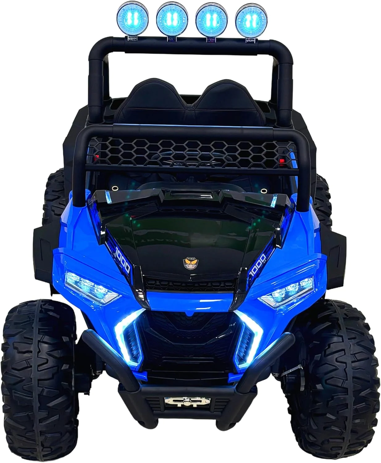 ماشین یوتیوی برقی کودکانه ویالآرای با چراغهای الایدی، آبی و مشکی، چهار چرخ محرک، لاستیکهای بزرگ مناسب تمام سطوح، محافظ و دو صندلی ماشین یوتیوی برقی کودکانه ویالآرای با چراغهای الایدی، آبی و مشکی، چهار چرخ محرک، لاستیکهای بزرگ مناسب تمام سطوح، محافظ و دو صندلی