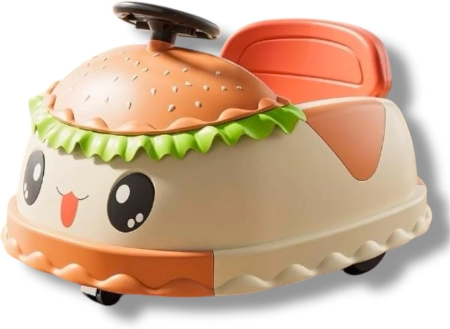 ماشین سواری کودک طرح برگر با چرخش 360 درجه، کنترل از راه دور و قابلیت خودرانی موزیکال، دارای فضای ذخیره سازی عقب، مناسب برای داخل و خارج از خانه