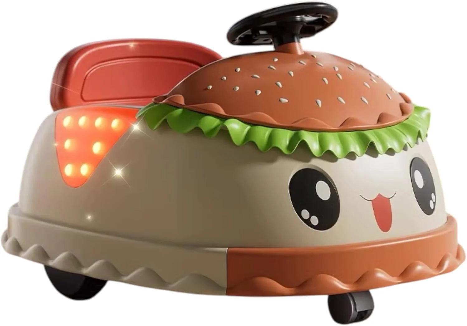 ماشین سواری کودک طرح برگر با چرخش 360 درجه، کنترل از راه دور و قابلیت خودرانی موزیکال، دارای فضای ذخیره سازی عقب، مناسب برای داخل و خارج از خانه ماشین سواری کودک طرح برگر با چرخش 360 درجه، کنترل از راه دور و قابلیت خودرانی موزیکال، دارای فضای ذخیره سازی عقب، مناسب برای داخل و خارج از خانه