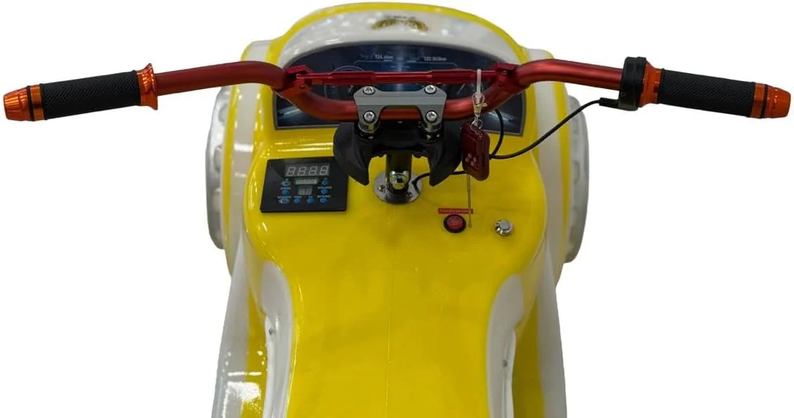 موتورسیکلت سواری کودکانه الکتریکی VLRA A306، زرد و سفید، چراغ های LED، صفحه نمایش دیجیتال، کنترل فرمان، مناسب برای استفاده در داخل و خارج از خانه 24V20AH