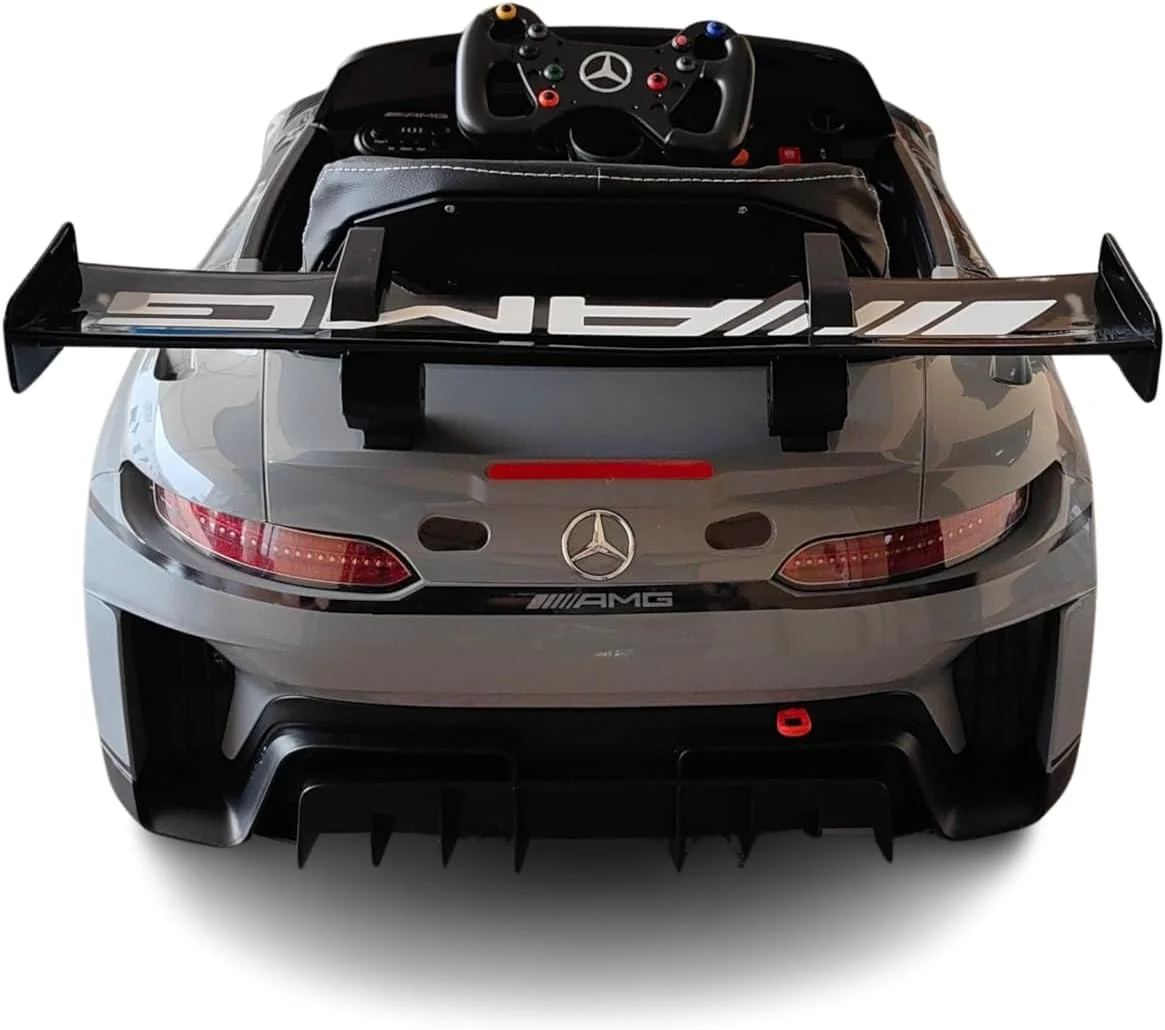 ماشین بازی مرسدس بنز GT3 با باتری 12 ولت برای کودکان، شامل کنترل از راه دور، چراغ های LED، موزیک، قابلیت حرکت به جلو و عقب و مجوز رسمی خودرو سواری برای کودکان - خاکستری نقره ای