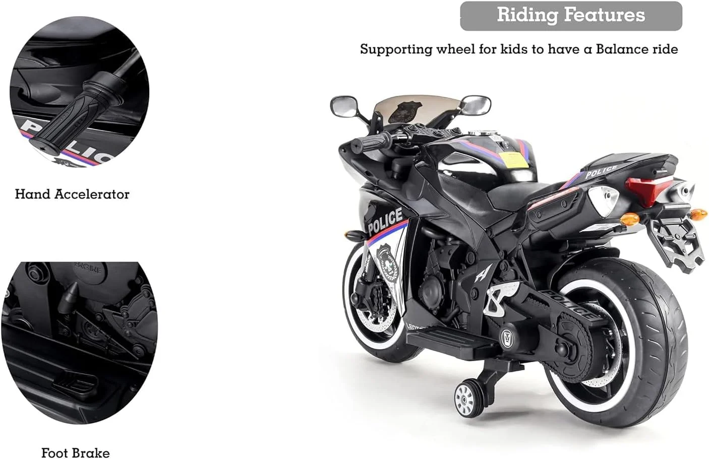 موتور سیکلت برقی کودکانه با دسته گاز، چراغ، موسیقی و چرخ های کمکی - موتور کودک با باتری برای کودکان 2 تا 8 سال (مشکی)