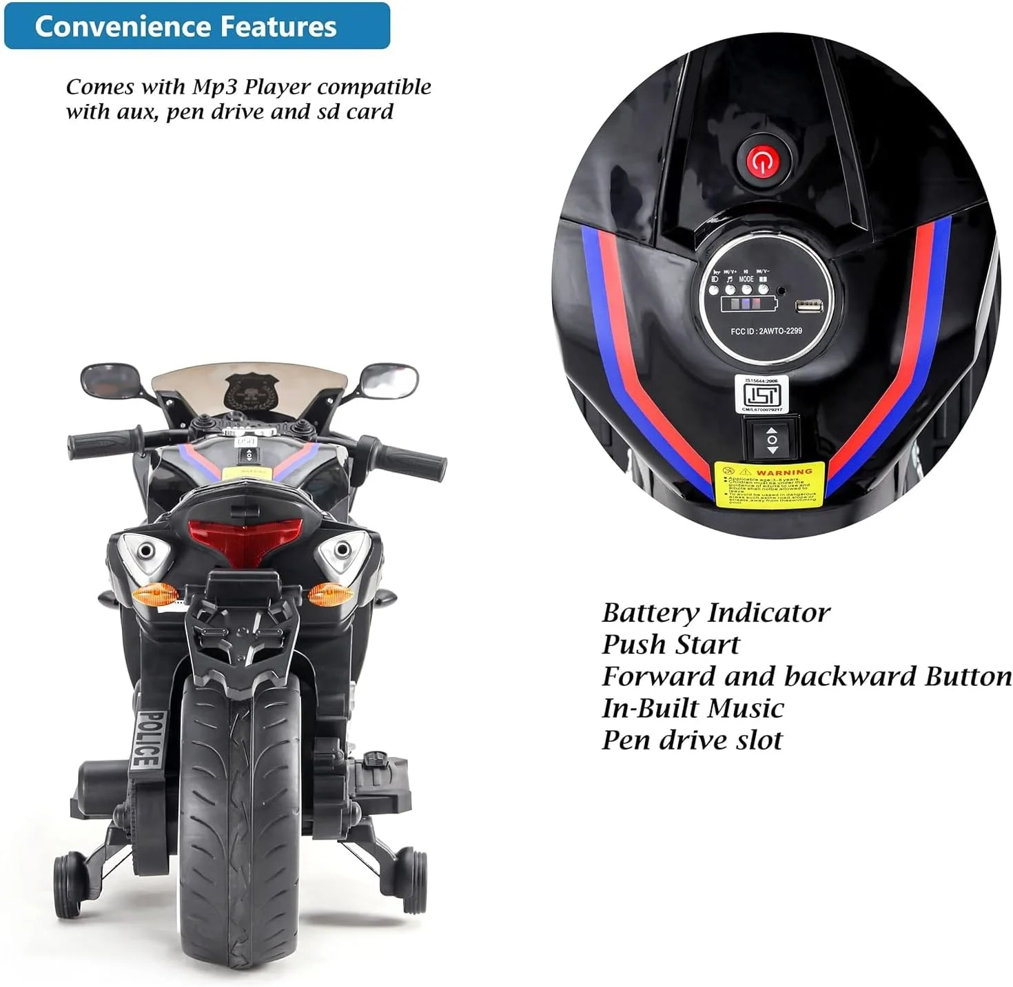 موتور سیکلت برقی کودکانه با دسته گاز، چراغ، موسیقی و چرخ های کمکی - موتور کودک با باتری برای کودکان 2 تا 8 سال (مشکی)