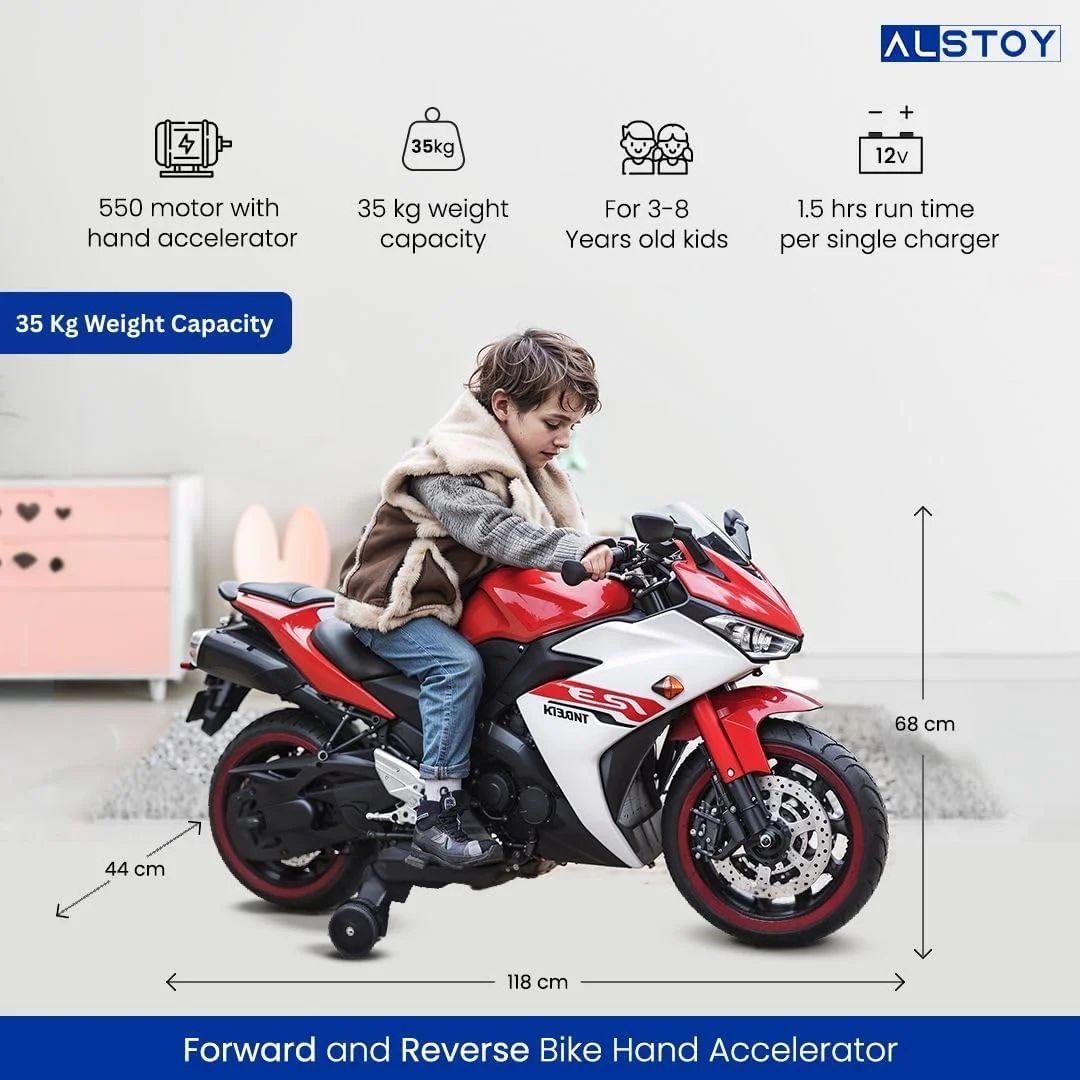 موتور سیکلت اسباب بازی نینجا برای کودکان با باتری قابل شارژ 12 ولت | موتور الکتریکی شارژی مناسب کودکان | موسیقی بلوتوث بی سیم | دارای تاییدیه BIS/ISI | مناسب 3 تا 8 سال | بزرگ | قرمز