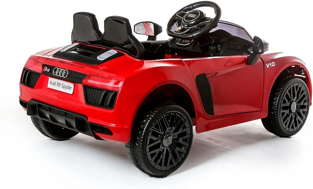 ماشین بازی الکتریکی مدل R8 SPYDER دارای مجوز، مناسب کودکان، با باتری ۱۲ ولت، چراغ های LED، پخش MP3 و کنترل از راه دور والدین، برند DUNINATOYS (JJ2198) - قرمز