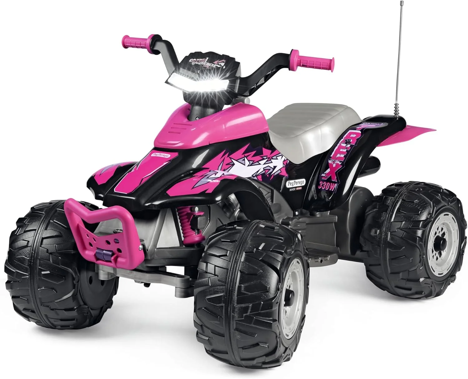 موتور چهار چرخ کودکانه Peg Perego Corral T-Rex 330W 12V با چراغ، صداهای موتور، پورت MP3 و بوق، موتور دوگانه، لاستیک های آفرود، باتری قابل شارژ، مناسب برای سنین 3 سال به بالا، حداکثر وزن 40 کیلوگرم، صورتی