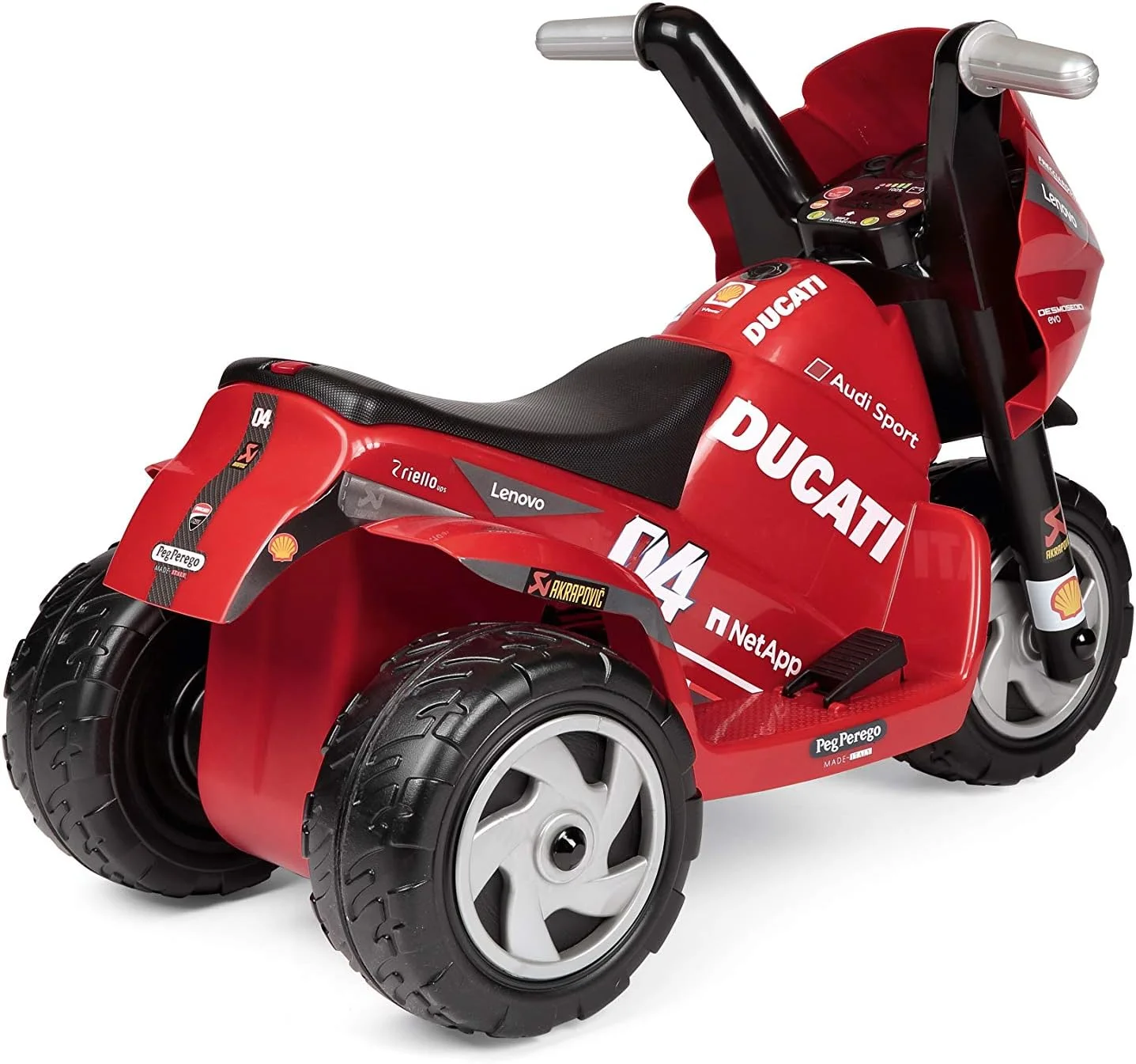 موتور سیکلت برقی کودکانه پگ پرگو دوکاتی مینی EVO 6V - دارای چراغ، صدا، موسیقی و بوق، دو چرخ محرک، نشانگر باتری، خاموش شدن خودکار، ایمن و سرگرم کننده برای کودکان 12 ماهه و بالاتر