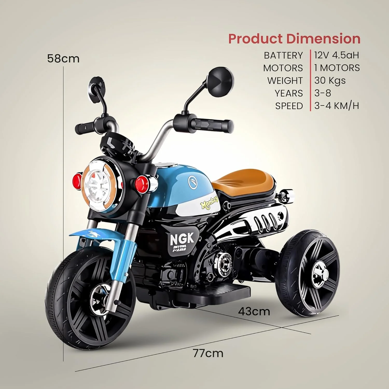 موتور سیکلت باتری خور کودک Baybee، اسباب بازی سواری موتور کودک با چراغ LED، بلوتوث و پخش موسیقی از طریق USB | موتور کودک شارژی | موتور برقی برای راندن کودکان 1 تا 4 سال - قرمز (آبی)