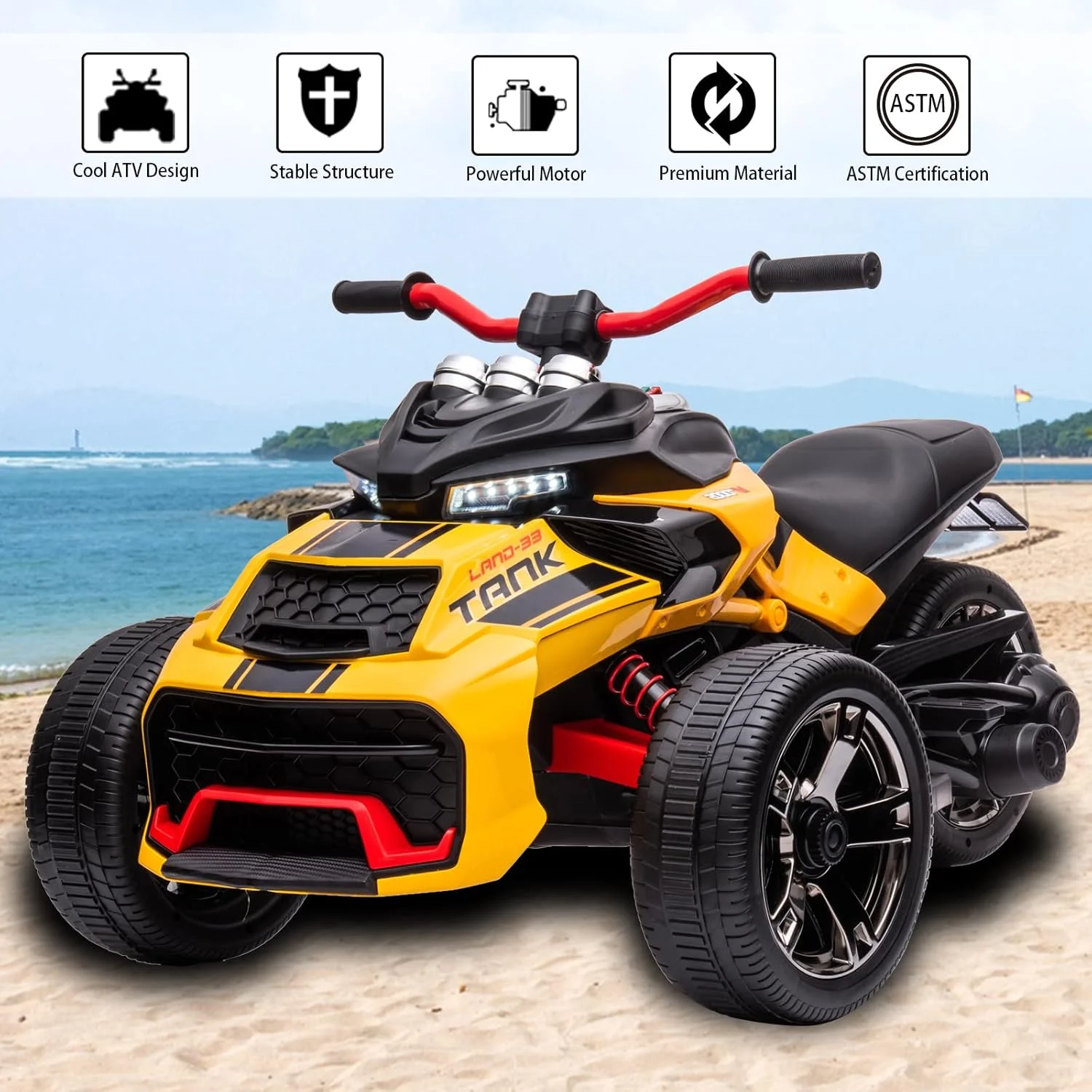 موتور سیکلت سه چرخ کودکانه POSTACK 24V، وسیله نقلیه الکتریکی باتری خور با لاستیک EVA پلیمریزه شده پلاستیکی، ماشین اسباب بازی سواری برای پسران و دختران نوپا، زرد