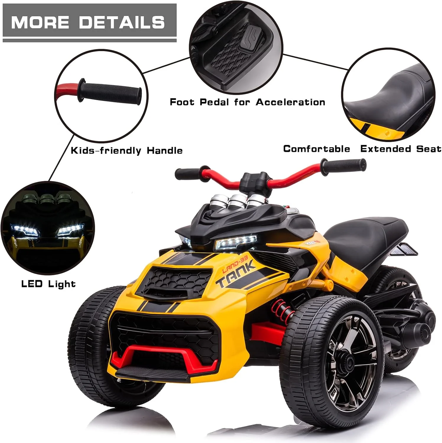 موتور سیکلت سه چرخ کودکانه POSTACK 24V، وسیله نقلیه الکتریکی باتری خور با لاستیک EVA پلیمریزه شده پلاستیکی، ماشین اسباب بازی سواری برای پسران و دختران نوپا، زرد