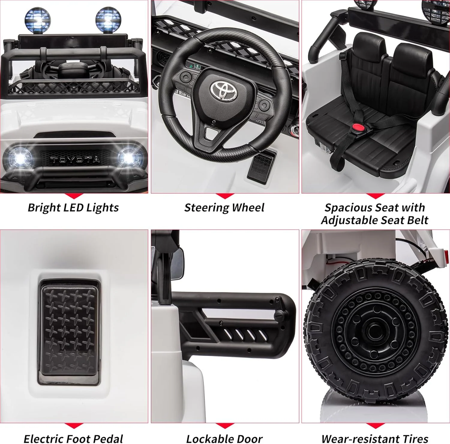 ماشین سواری 12 ولت برای کودکان، کامیون تویوتا دارای مجوز، ماشین برقی کودکانه با کنترل از راه دور، موسیقی، چراغ های LED، سیستم تعلیق، درهای دوتایی، کمربند ایمنی، سفید