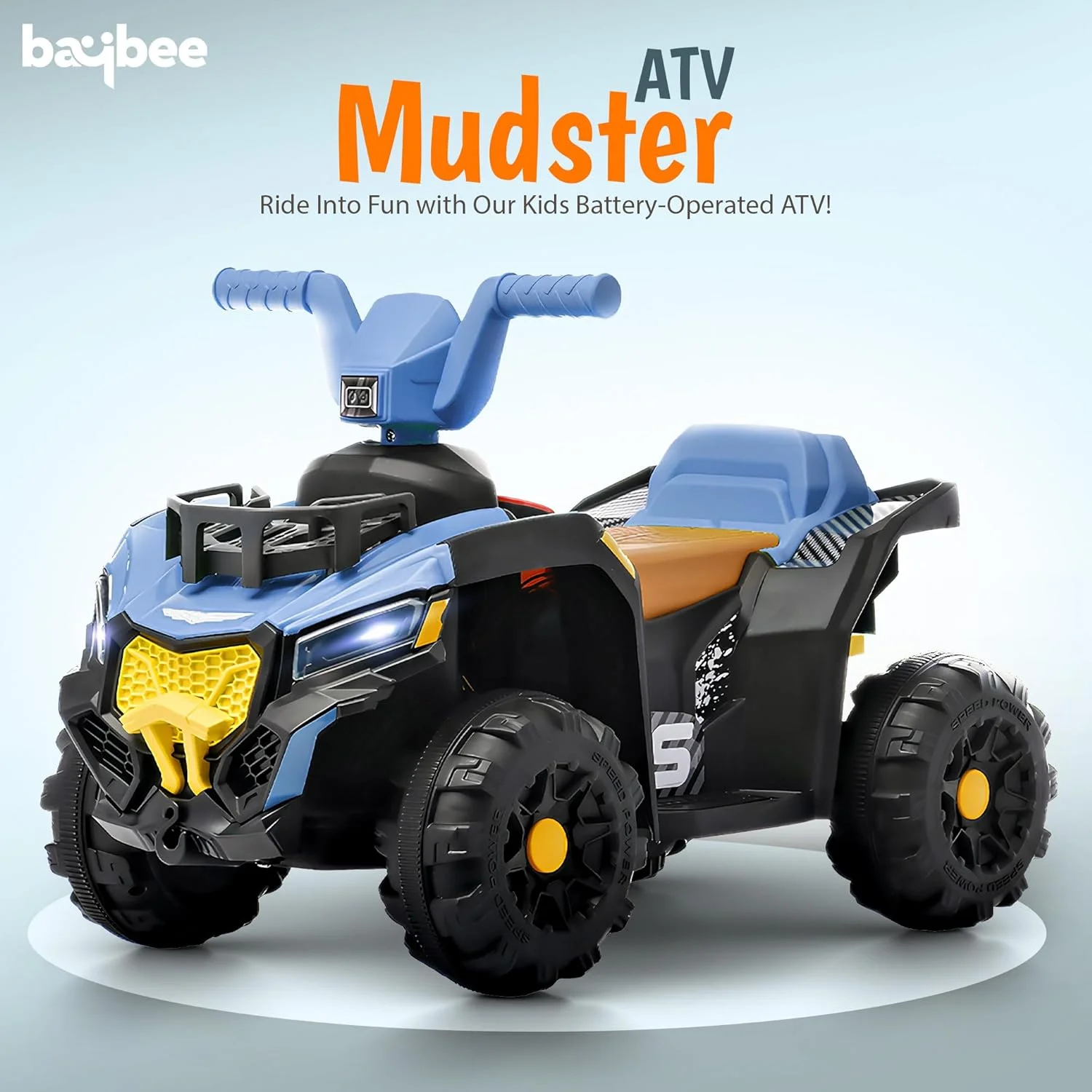موتور چهارچرخ باتری خور کودک Baybee Mudster | موتور بزرگ شارژی کودکانه با چراغ، USB و موسیقی | موتور ساحلی ATV برای کودکان 2 تا 5 سال (آبی)