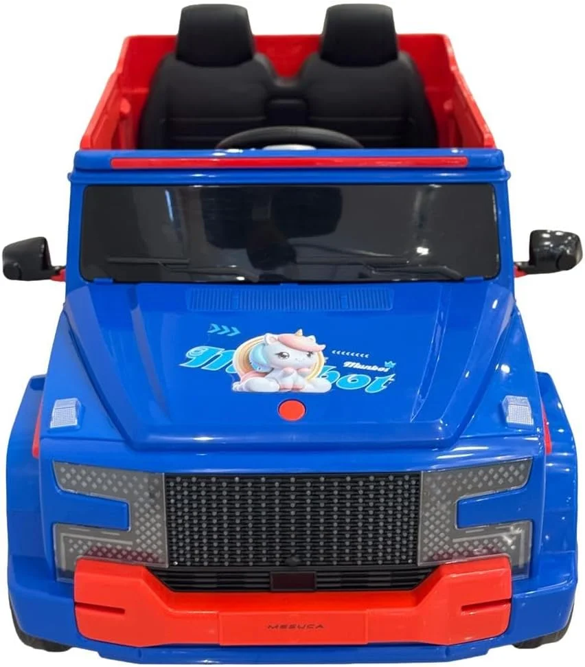 ماشین بازی کودکانه موتوری مام‌بات، آبی و قرمز، 2 نفره با طرح اسب تک شاخ، 12 ولت، 3-7 سال