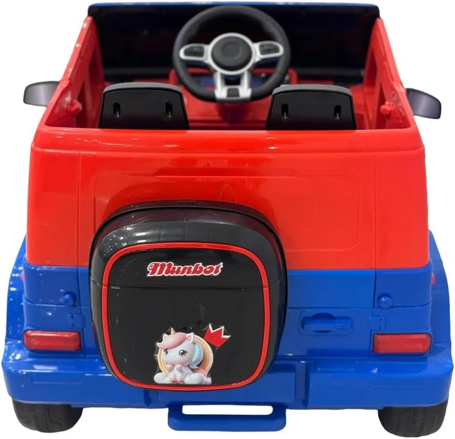 ماشین بازی کودکانه موتوری مام‌بات، آبی و قرمز، 2 نفره با طرح اسب تک شاخ، 12 ولت، 3-7 سال