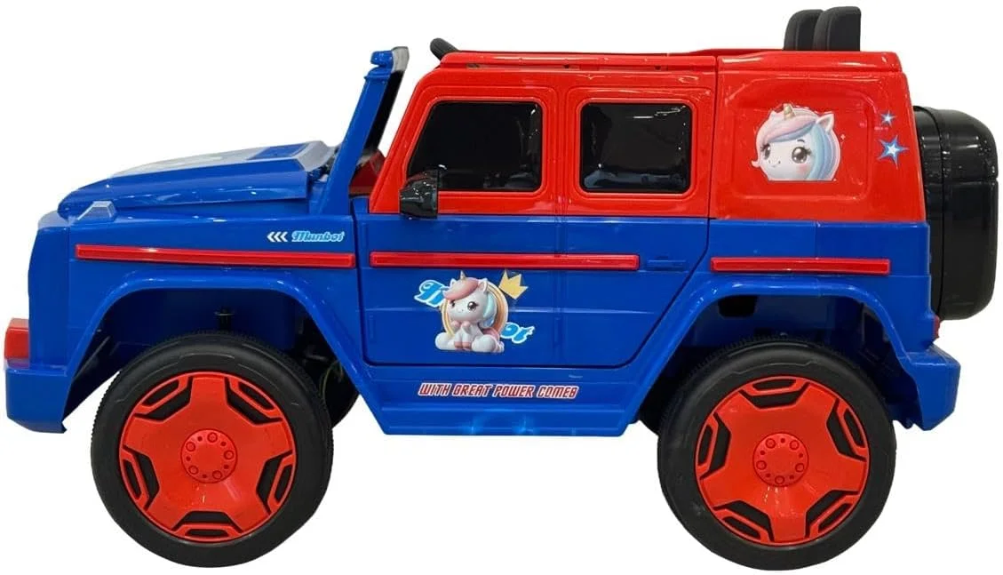 ماشین بازی کودکانه موتوری مام‌بات، آبی و قرمز، 2 نفره با طرح اسب تک شاخ، 12 ولت، 3-7 سال