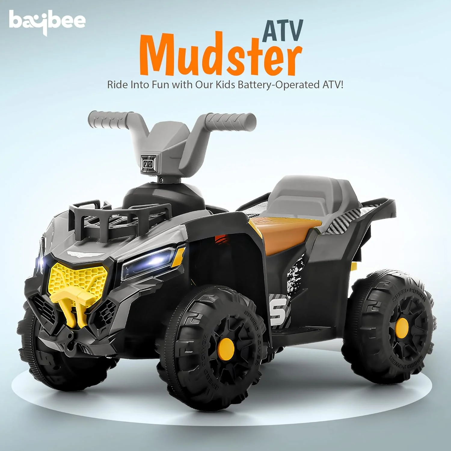 موتور چهارچرخ کودکانه باتری خور Baybee Mudster | موتور بزرگ شارژی کودک با چراغ، USB و موسیقی | موتور ساحلی ATV برای کودکان 2 تا 5 سال (خاکستری)