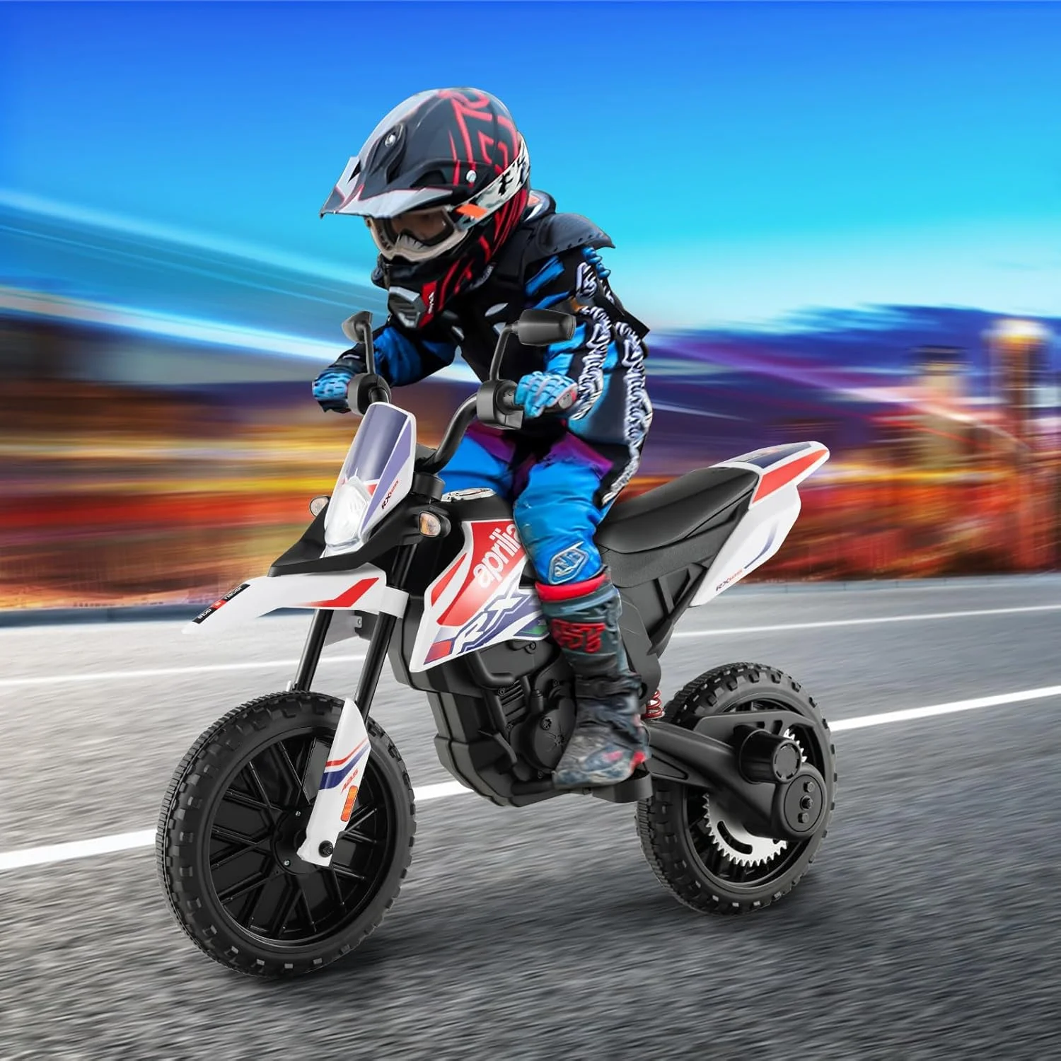 موتورسیکلت کودکانه OLAKIDS، موتور سیکلت برقی آفرود با باتری 12 ولت، دارای چرخ های آموزشی، سیستم تعلیق فنری، اسباب بازی موتور سیکلت آفرود با بلوتوث، USB و چراغ