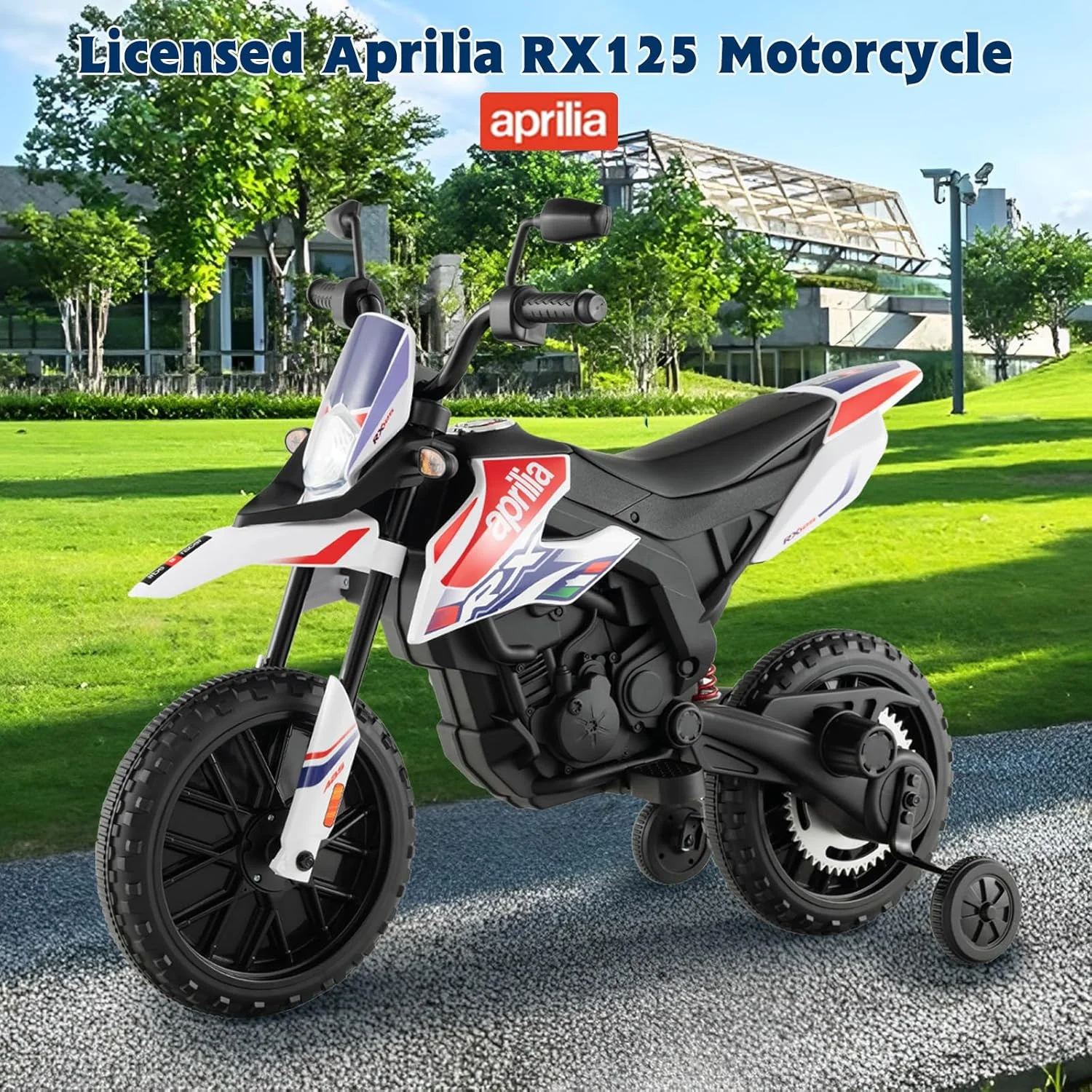 موتورسیکلت کودکانه OLAKIDS، موتور سیکلت برقی آفرود با باتری 12 ولت، دارای چرخ های آموزشی، سیستم تعلیق فنری، اسباب بازی موتور سیکلت آفرود با بلوتوث، USB و چراغ