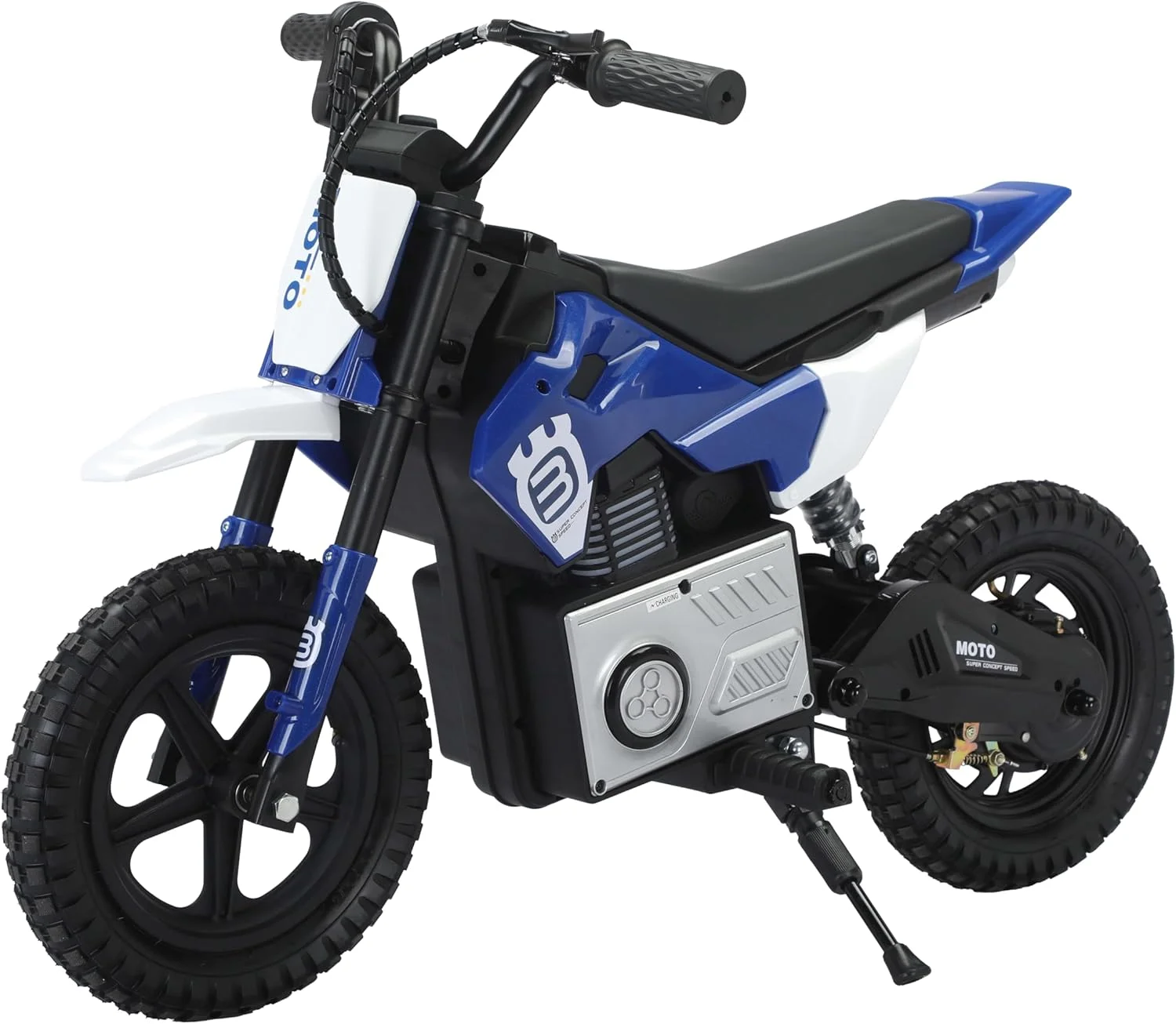 موتور شارژی کودکانه مدل LB 350EL، موتور سیکلت برقی با استارت کلیدی، تنظیم سرعت، موزیک و چراغ، چرخ های کمک فنردار (مونتاژ شده کامل، آبی)