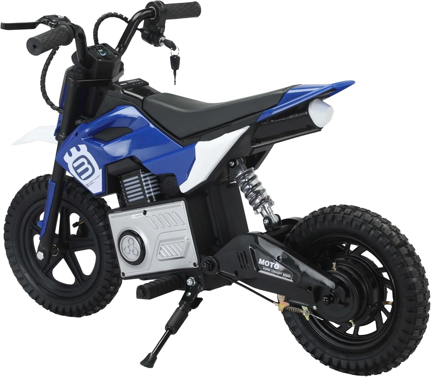 موتور شارژی کودکانه مدل LB 350EL، موتور سیکلت برقی با استارت کلیدی، تنظیم سرعت، موزیک و چراغ، چرخ های کمک فنردار (مونتاژ شده کامل، آبی)