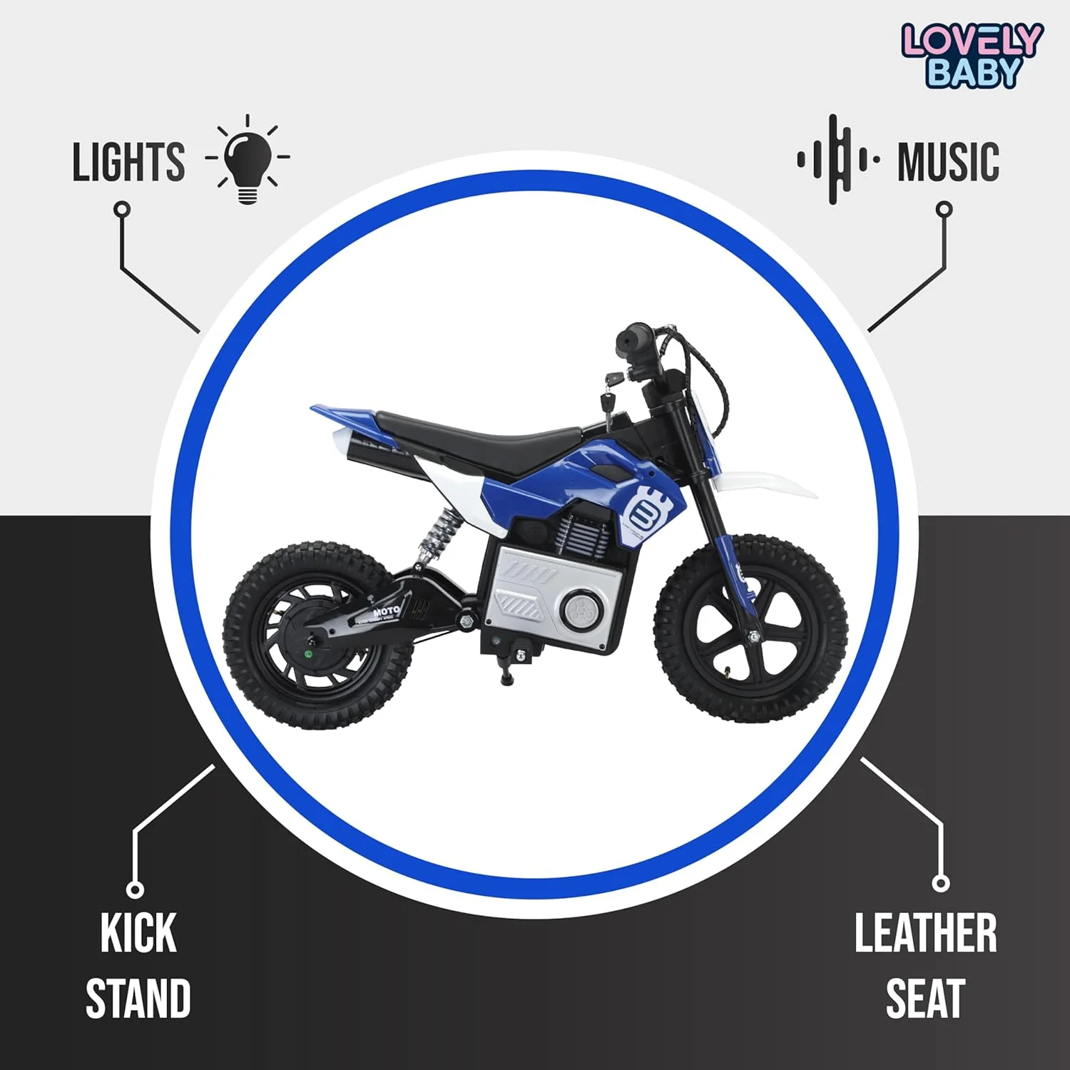 موتور شارژی کودکانه مدل LB 350EL، موتور سیکلت برقی با استارت کلیدی، تنظیم سرعت، موزیک و چراغ، چرخ های کمک فنردار (مونتاژ شده کامل، آبی)