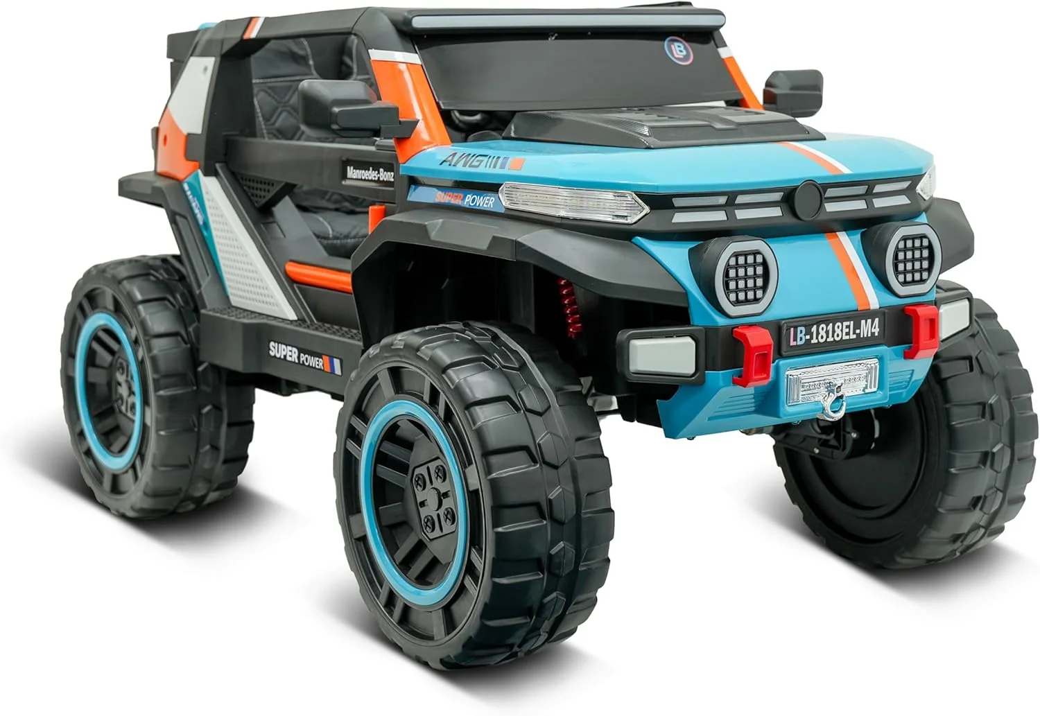 ماشین جیپ سواری کودک مدل LB 1818EL – کنترل از راه دور، صندلی چرمی، چراغ های LED، چرخ های EVA، 4 موتور – ماشین سواری برقی برای کودکان تا 6 سال (نیمه مونتاژ شده (جعبه)، آبی)