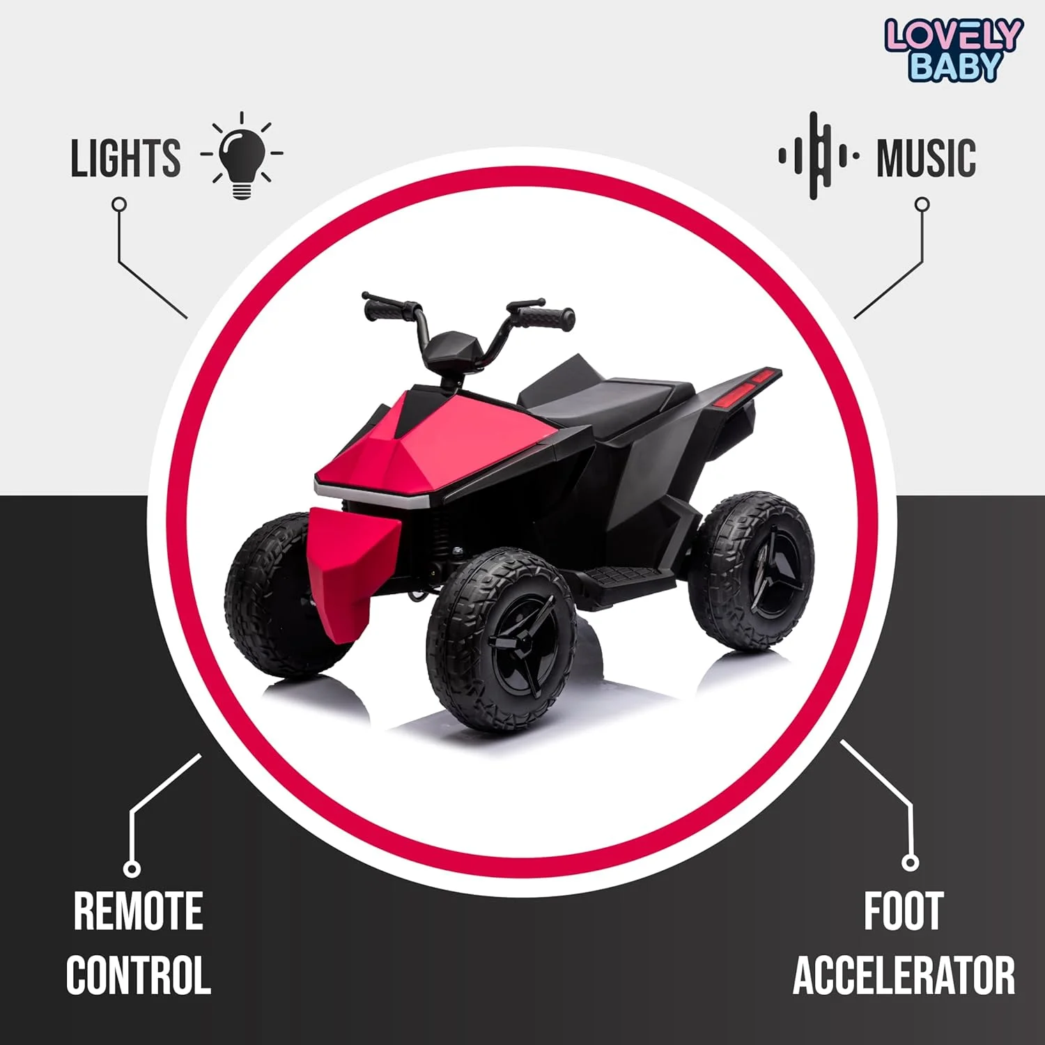 موتور چهار چرخ کودک مدل LB 686EL، موتور سواری، موتور الکتریکی شارژی، ماشین رانندگی با کنترل از راه دور، چراغ و موسیقی برای سنین 3-6 سال، قرمز