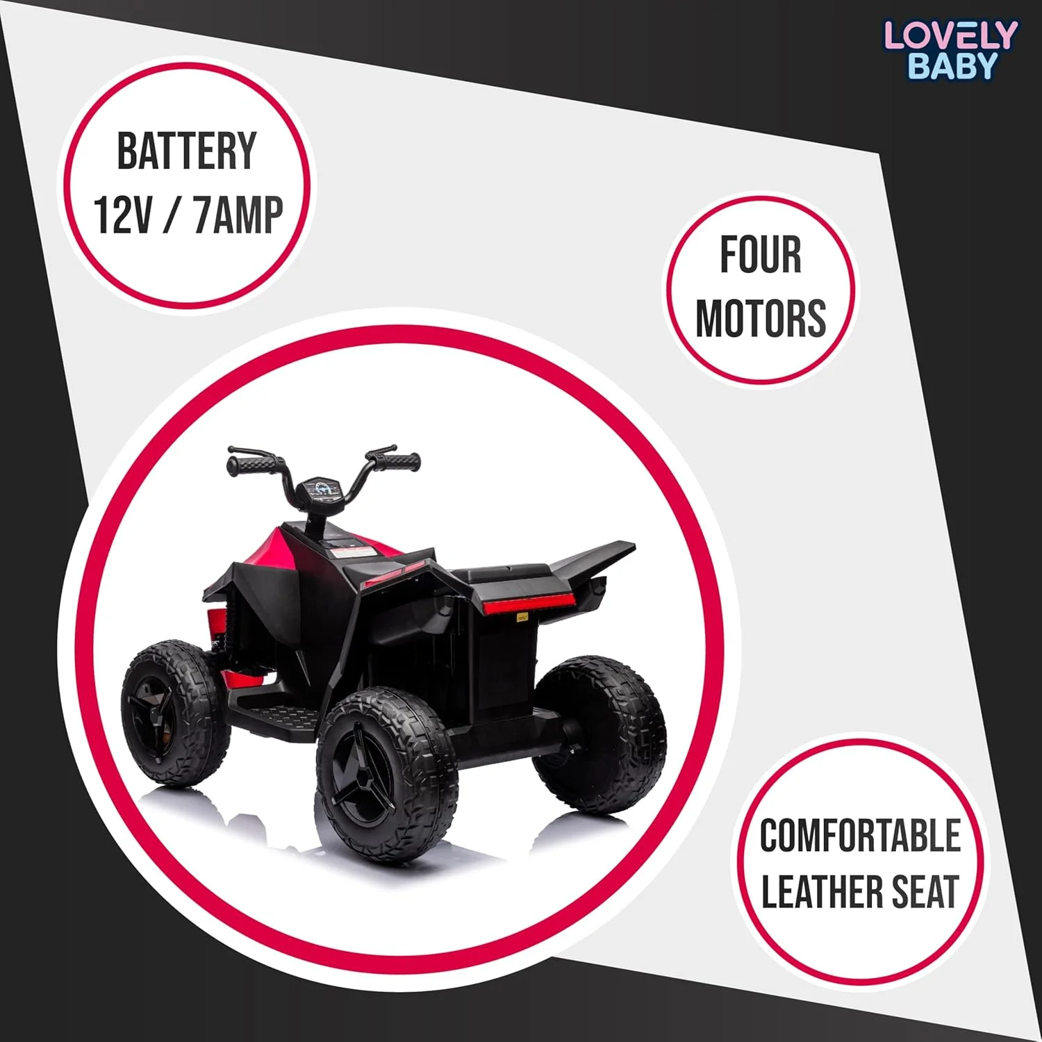 موتور چهار چرخ کودک مدل LB 686EL، موتور سواری، موتور الکتریکی شارژی، ماشین رانندگی با کنترل از راه دور، چراغ و موسیقی برای سنین 3-6 سال، قرمز