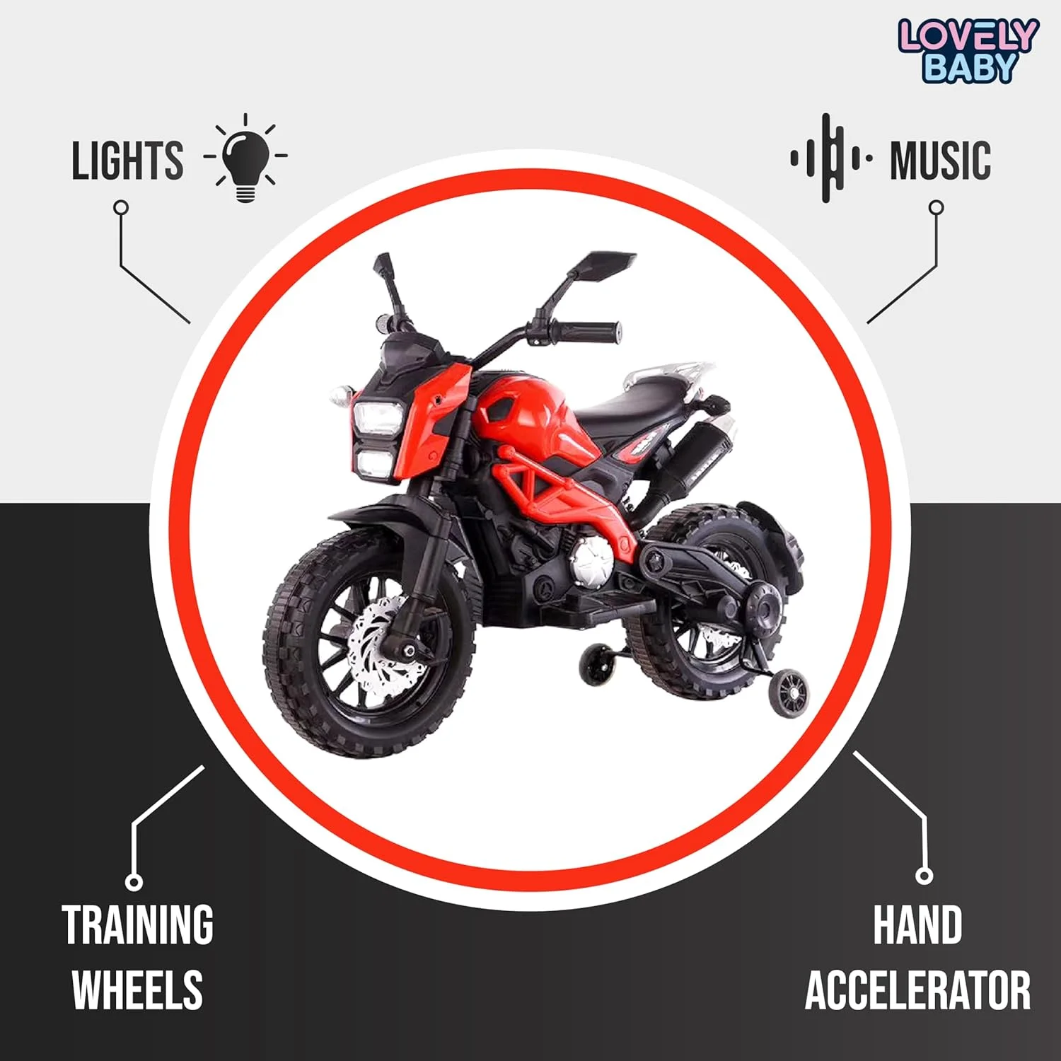 موتور سیکلت شارژی کودک مدل LB 444EL، اسباب بازی سواری با چرخ های کمکی، هدیه نشستنی و رانندگی برای پسران و دختران، بهترین موتور برای 3-7 سال (قرمز)