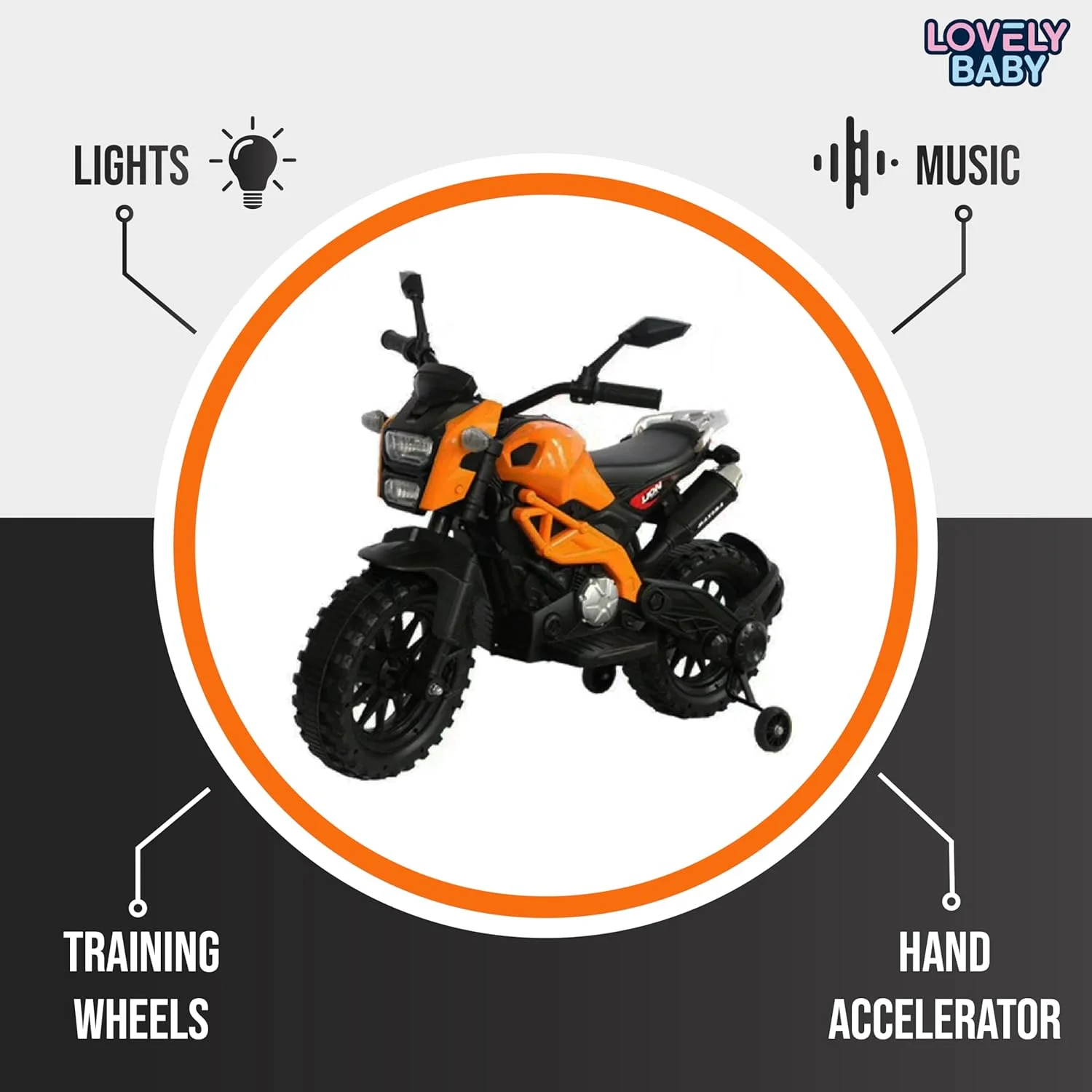 موتور سیکلت شارژی کودک مدل LB 444EL، اسباب بازی سواری برقی با چرخ های کمکی، هدیه نشستنی و رانندگی برای پسران و دختران، بهترین موتور برای 3-7 سال (نارنجی)