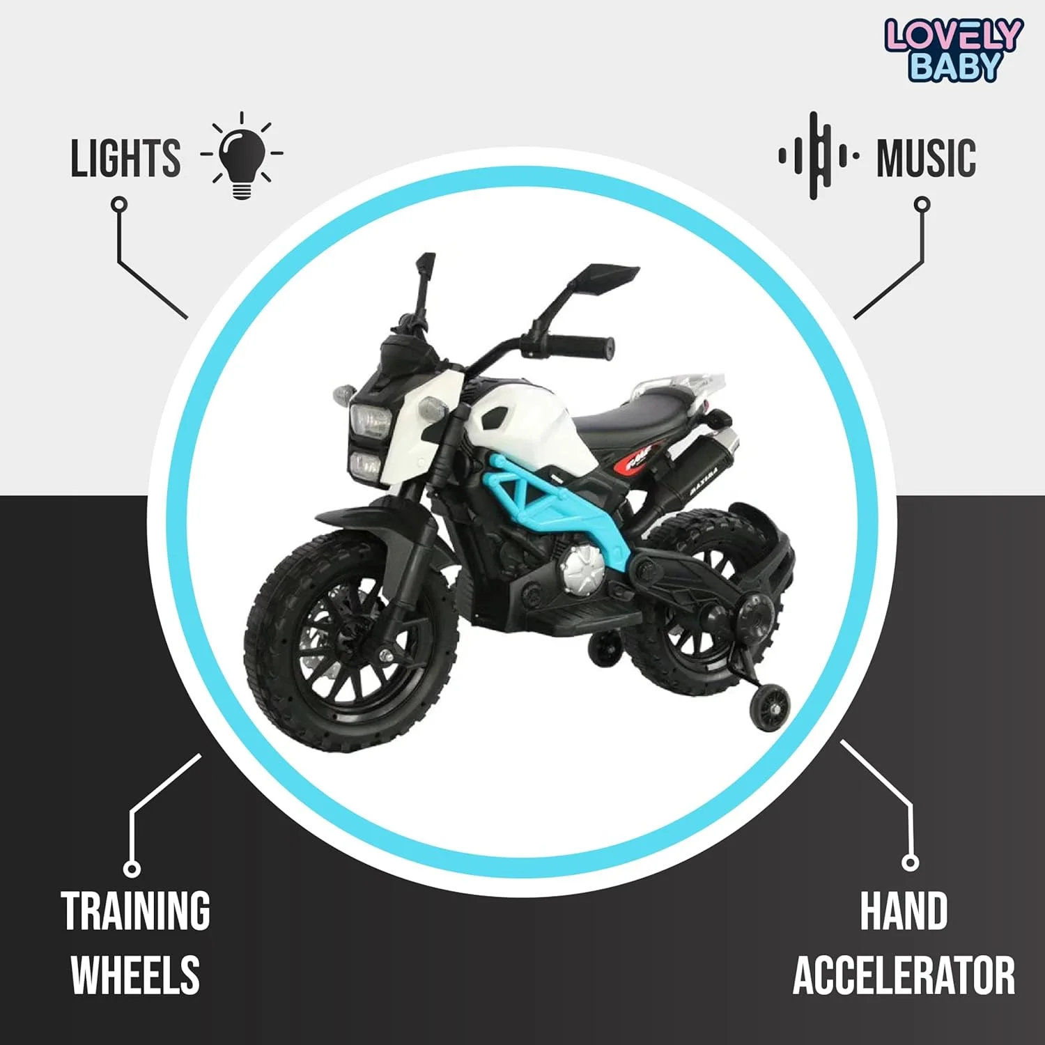 موتور سیکلت شارژی کودک مدل LB 444EL، موتور برقی با چرخ های کمکی، اسباب بازی نشسته و رانندگی هدیه برای پسران و دختران، بهترین موتور برای 3-7 سال (آبی)